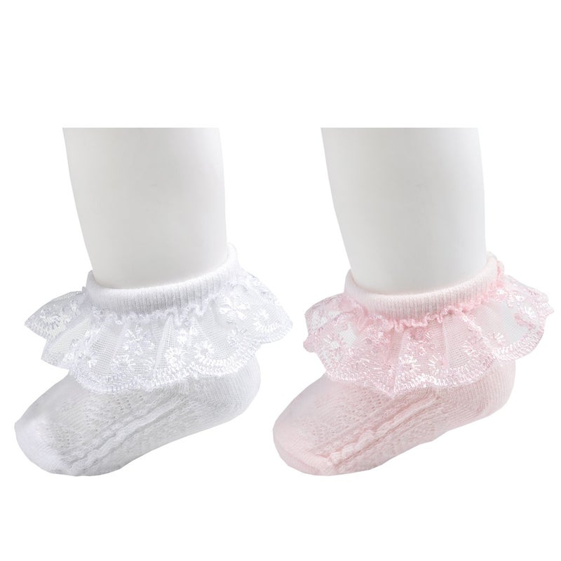 EPEIUS Baby-Girls Eyelet Frilly Lace Socks Infant Girl Princess Ankle Socks White Pink (Pack of 2) 6-12 Months - Image 2